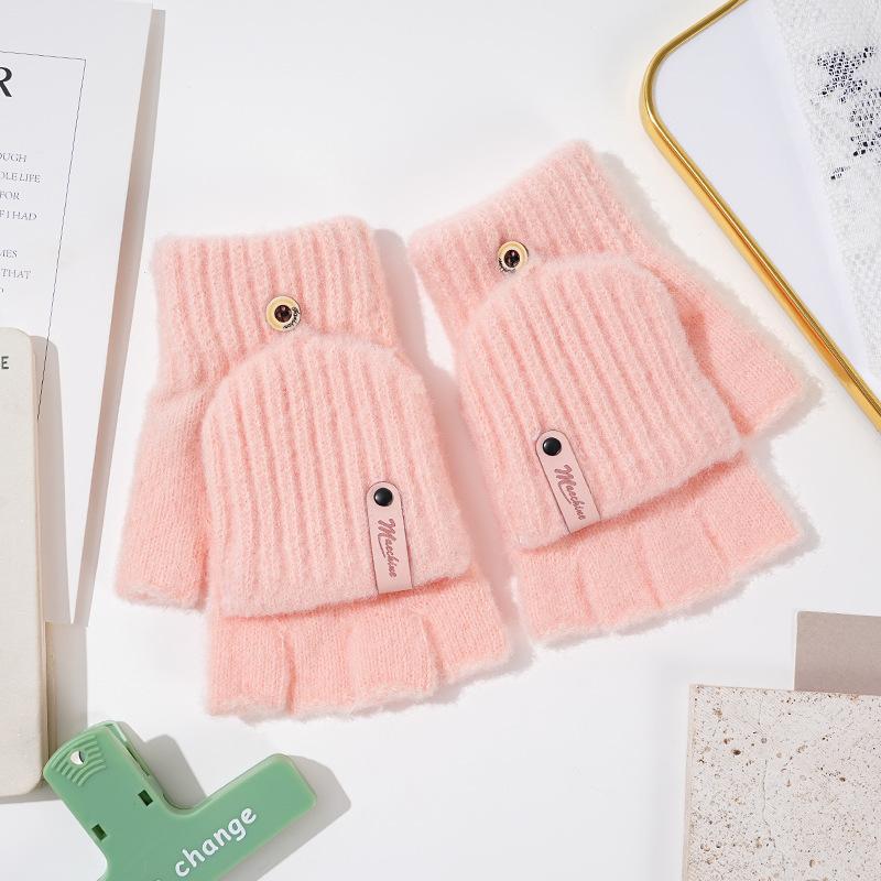

Зимние вязаные перчатки с откидным верхом, перчатки без пальцев для женщин, утолщенные теплые перчатки, студенческие перчатки с половиной пальцев для письма розовый