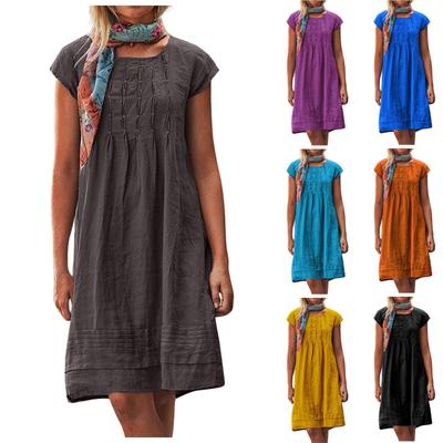 Women's Casual Loose O Neck Short Sleeve Wrinkles Elegant Linen Swing Dresses