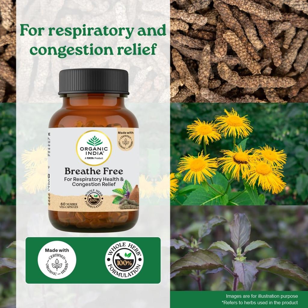 Organic India Breathe Free 60 Veg Capsules for Respiratory Comfort, Congestion Relief and Lung Support, Natural Herbal Formula