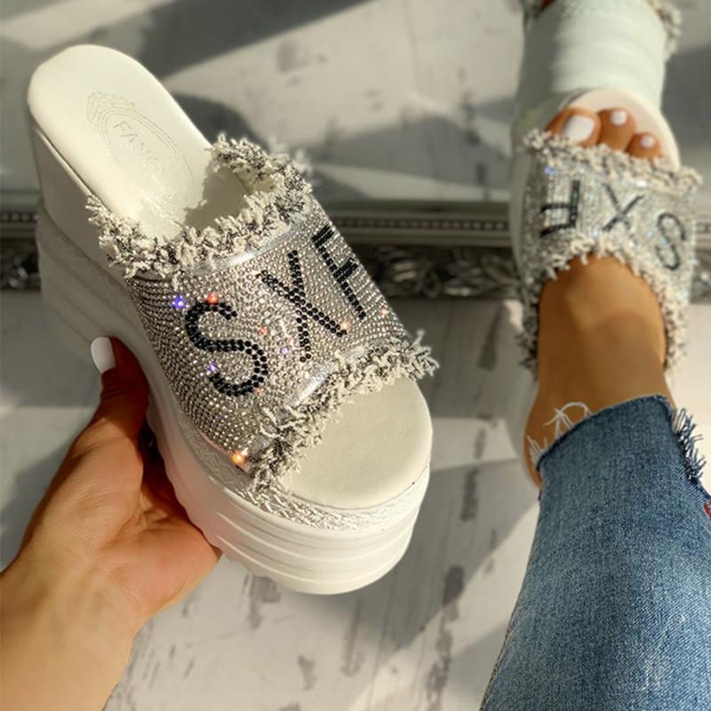 Fashion Crystals Wedges High Heels Slippers Leisure Summer Sandal Woman Shoes Women Platform Mules Slippers Slip On Outside Pantuflas