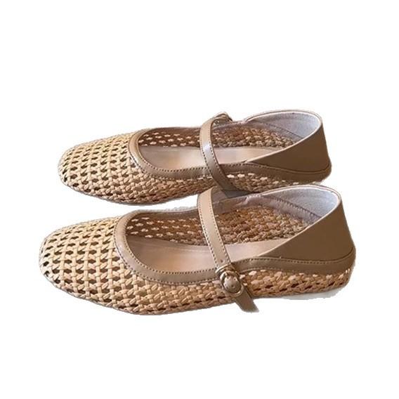 Soft Leather Version~ French Literary and Artistic Style Woven Hollowed-out Outer Wear Breathable Mary Jane Sandals Women's Word with Flat Shoes
