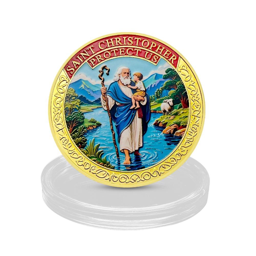 Святой Христофор, цветная, рельефная, памятная монета, библейская тематика, Папа Римский, памятная медаль, медаль золотой