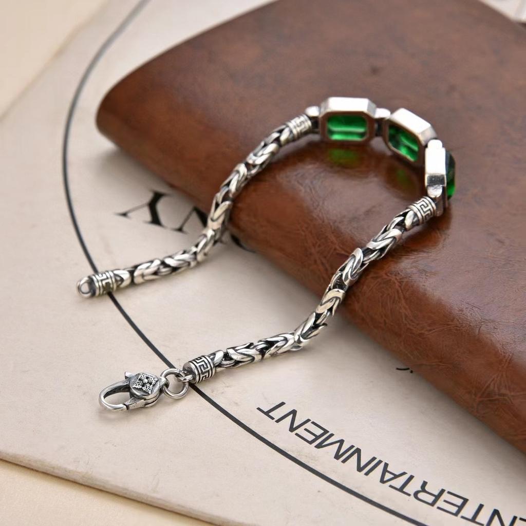 New Chinese Punk Style Men's Bracelet Green Crystals Auspicious Pattern Retro Unisex Fashion Accessory Trendy Streetwear Jewelry