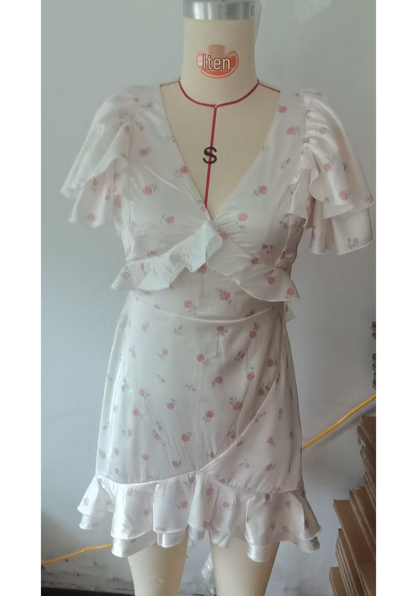Now Available: 2025 European and American Style French Ruffle V-neck Floral Print Summer Dress for Women S