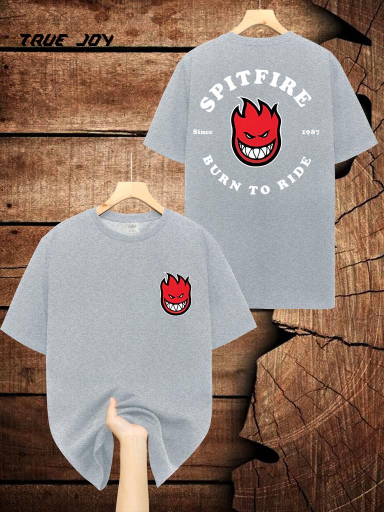 SPITFIRE Graphic T-shirt for Men Women Short Sleeves and Round Neck with Fire Red & White Print, Summer Machine Washable Tops
