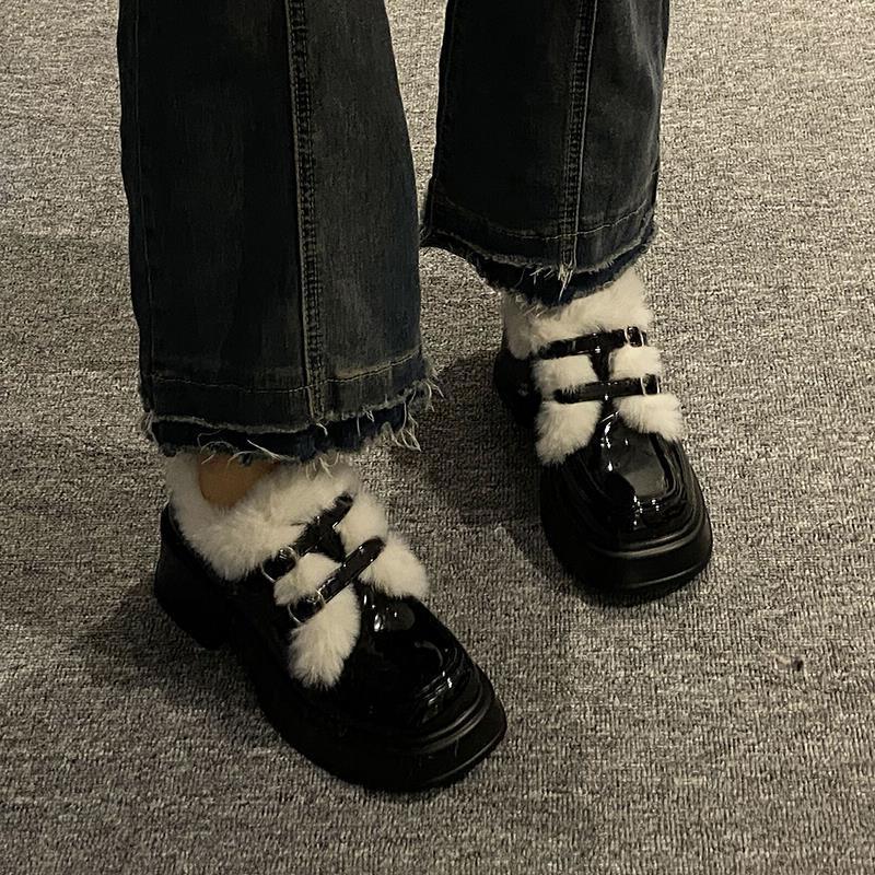 Little Leather Shoes for Women2025 New Winter Fashion Fleece Warm French High-heeled Women's Shoes,Thick-soled Loafers for Women