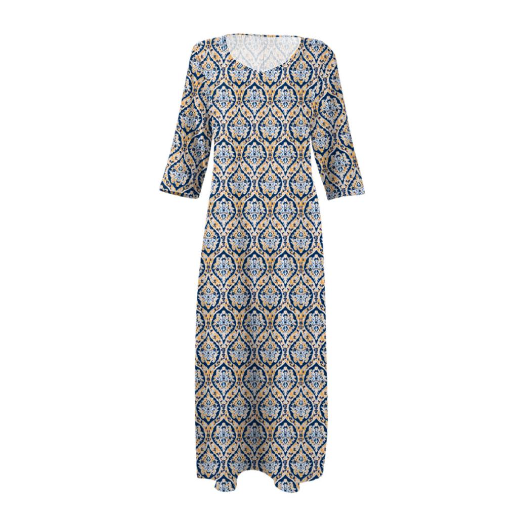 Dresses For Womens Vintage Print Tunic Waisted Midi Dress Summer Casual 3/4 Sleeve Dress
