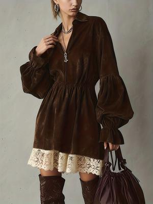 European 2025 Elegant V-Neck Lace Patchwork Dress with Loose Lantern Sleeves