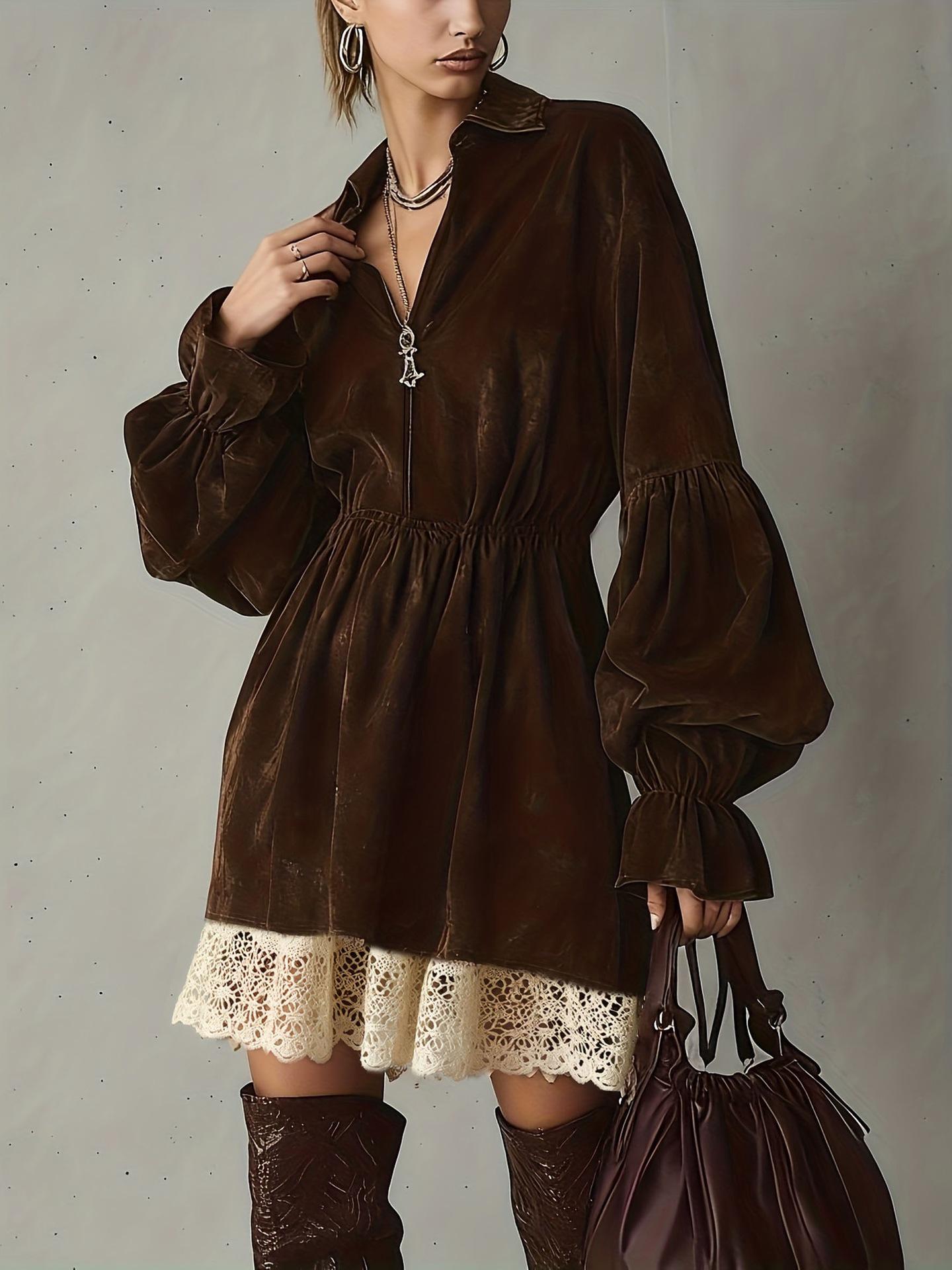 Elegant European Lace Patchwork Dress - Loose Lantern Sleeve, Waist-Cinching V-neck, 2025 Fashion Trend Large кофейный
