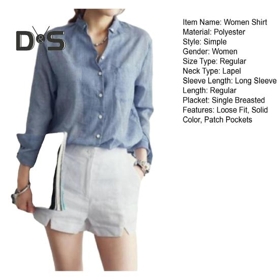 Women Lapel Long Sleeve Shirt Tops Loose Fit Single breasted Patch Pocket Thin Casual Shirt Workwear