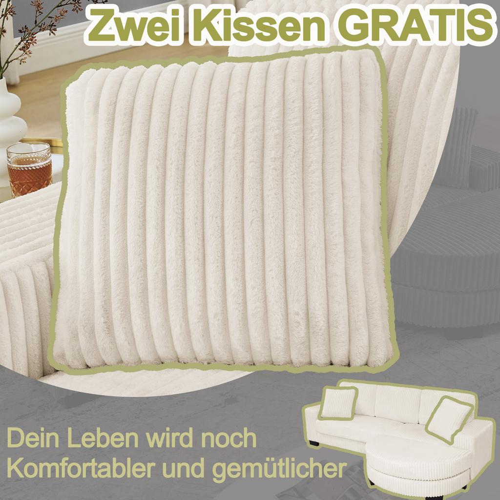 Divano ad Angolo a L - 4 Posti, 256,5 x 133,5 x 89 cm, Velluto a Coste Classico, Design Modulare con Pouf Ovale, 2 Cuscini Inclusi, Beige