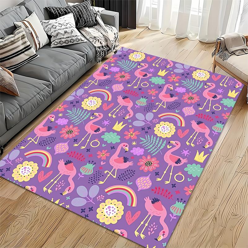 Colorful Flamingo Print Carpet with Flowers and Rainbow Design Suitable for Use As an Anti-slip for Living Room Bedroom Sofas
