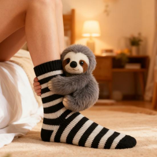 3D Plysj Dyresokker Søte Strikkede Sokker med Myke Dyr Elastiske Morsomme Dovendyr Kattesokker for Dyreelskere Julegave