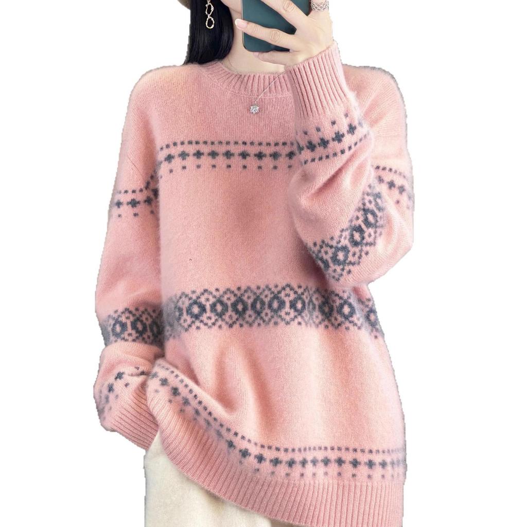 Meng Yi Women's Jacquard Wool Sweater: Autumn/Winter Loose Knitwear, Thick Round Neck