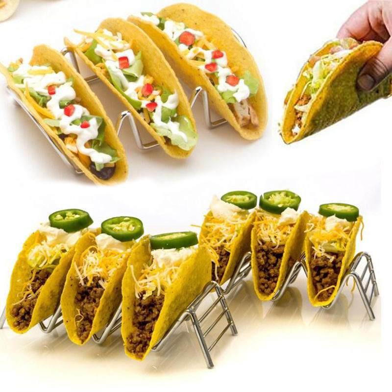 4 Hard Shells Wave Shape Stainless Steel Taco Stand Up Holders Mexican Food Rack