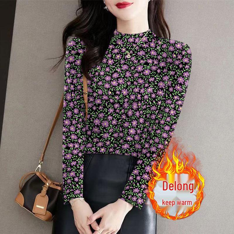 

Women s Ribbed Fleece Floral Half-Neck Long Sleeve Top - Stylish Autumn/Winter Base Layer for Middle-Aged and Elderly 3XL (135-150 jin)