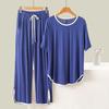 Women's Plus Size Summer Two-Piece Set: Solid Color Round Neck Short Sleeve Top & Long Pants for Homewear, Loose Fit, Lightweight