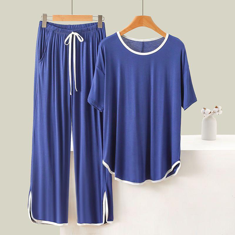 Women's Plus Size Summer Two-Piece Set: Solid Color Round Neck Short Sleeve Top & Long Pants for Homewear, Loose Fit, Lightweight