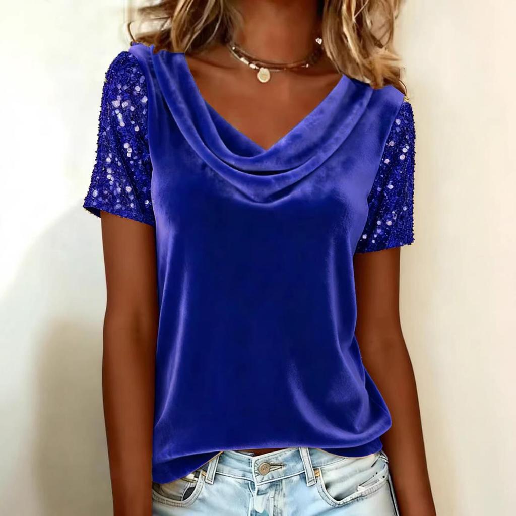 2026 European & American Velvet High-Neck Sequin Patchwork Short-Sleeve Women's Fashion Top