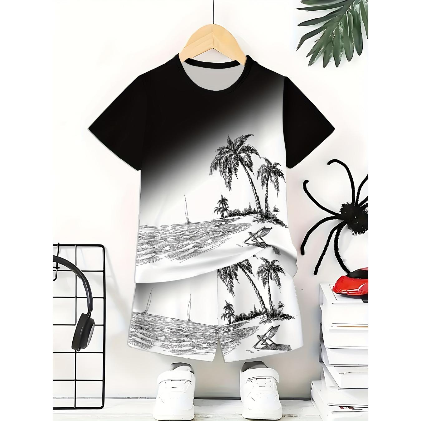 

Модный комплект для мальчиков с 3D-принтом, повседневный пуловер с коротким рукавом, шорты, футболка, комплект для мальчиков для улицы, идеально подходит для улицы 13-14Y