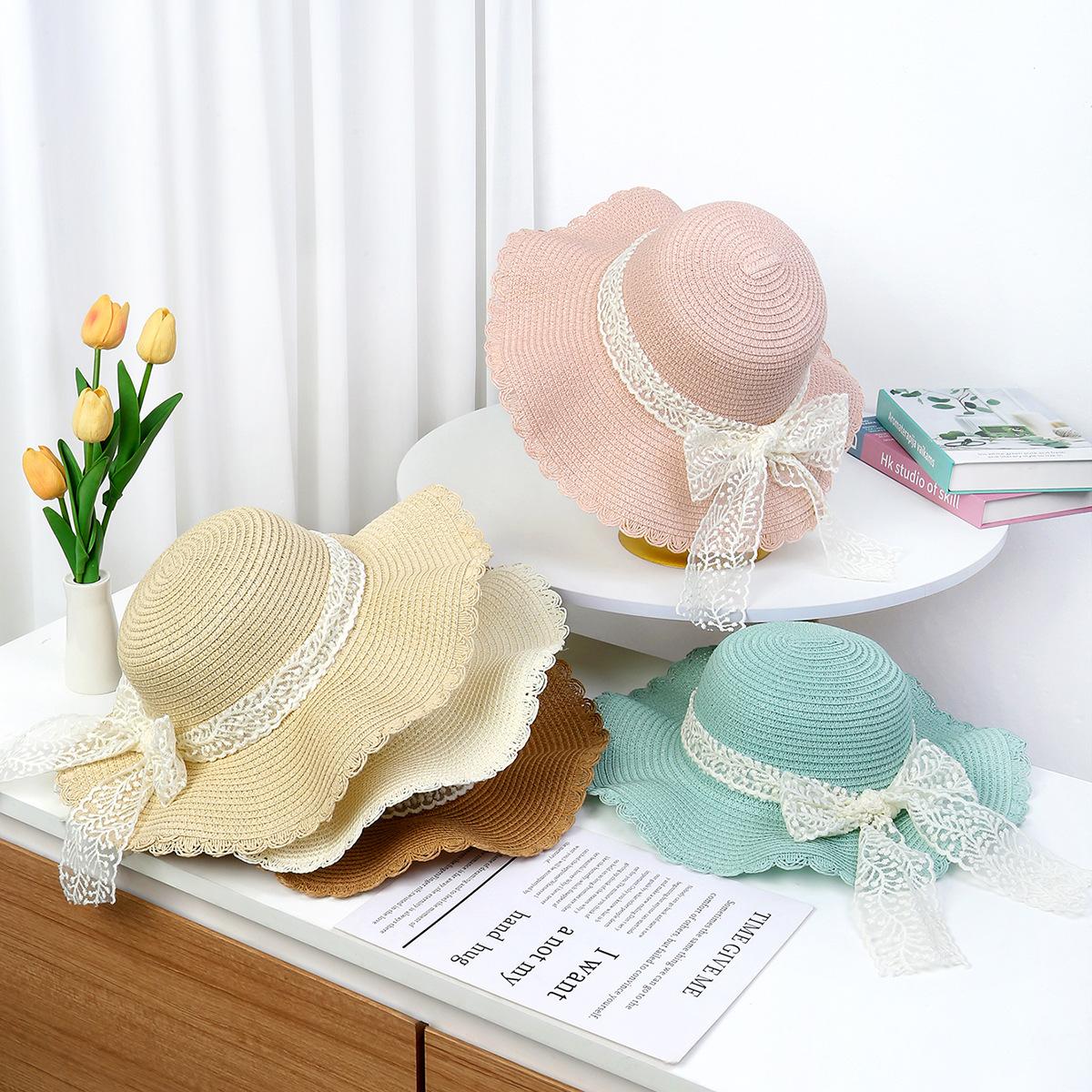 

Women s Summer Korean Style Lace Bowknot Ribbon Paper Straw Woven Hat with Wavy Brim Round Top Fashion Sun Protection Hat one size м ята зелений колір