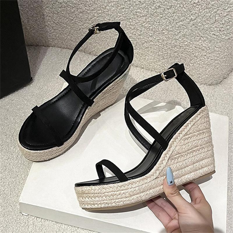 Eilyken Fashion Hemp Weave Thick Bottom Buckle Strap Shoes Summer Roman Style Open Toe Platform Wedges Woman Sandals 34 чёрный 5980₽