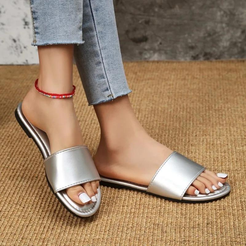 Mote Sommer Dame Tøfler Lær Firkantet Tå Dame Flats Flip Flops Designer Dame Slides Sandaler Damesko Luksussandaler