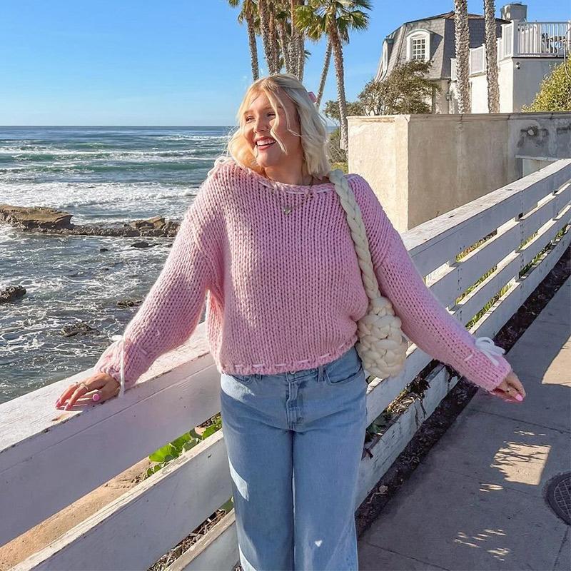 Повседневный свободный свитер женский модный бант на шнуровке косой воротник женский — фото 6