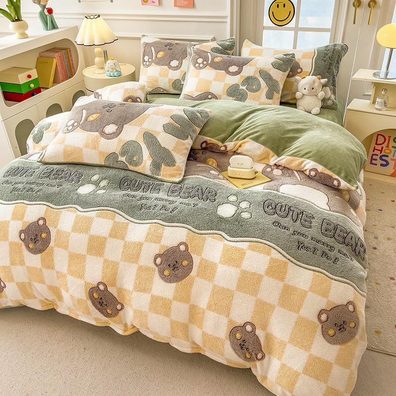 Winter Milk Fleece Bedding Four-piece Set Double-sided Fleece Thickened Sheets Quilt Cover Pillowcase