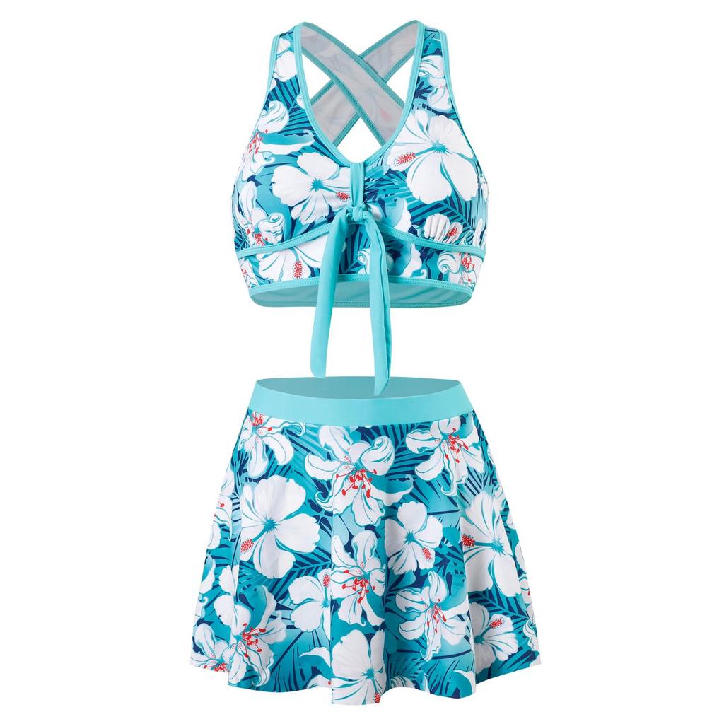 2024 Damen Europäischer & Amerikanischer Konservativer Print Bikini Badeanzug mit Rock