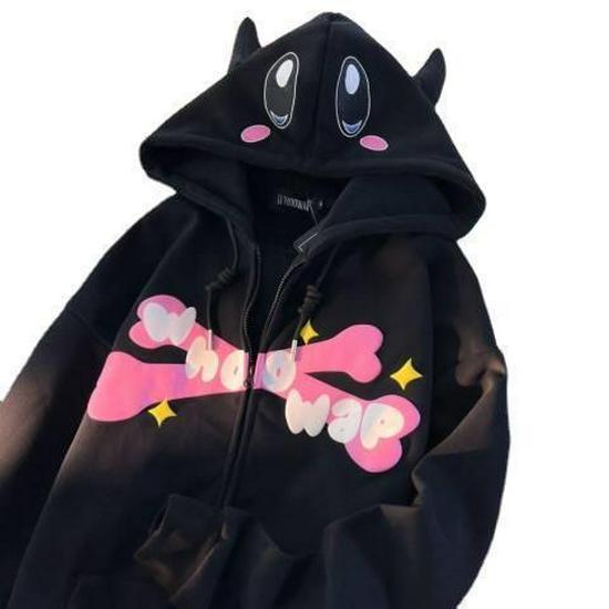Podzimní/Zimní Kawaii Kreslená Mikina s Kapucí a Fleecovou Podšívkou s Nápisem pro Muže/Ženy