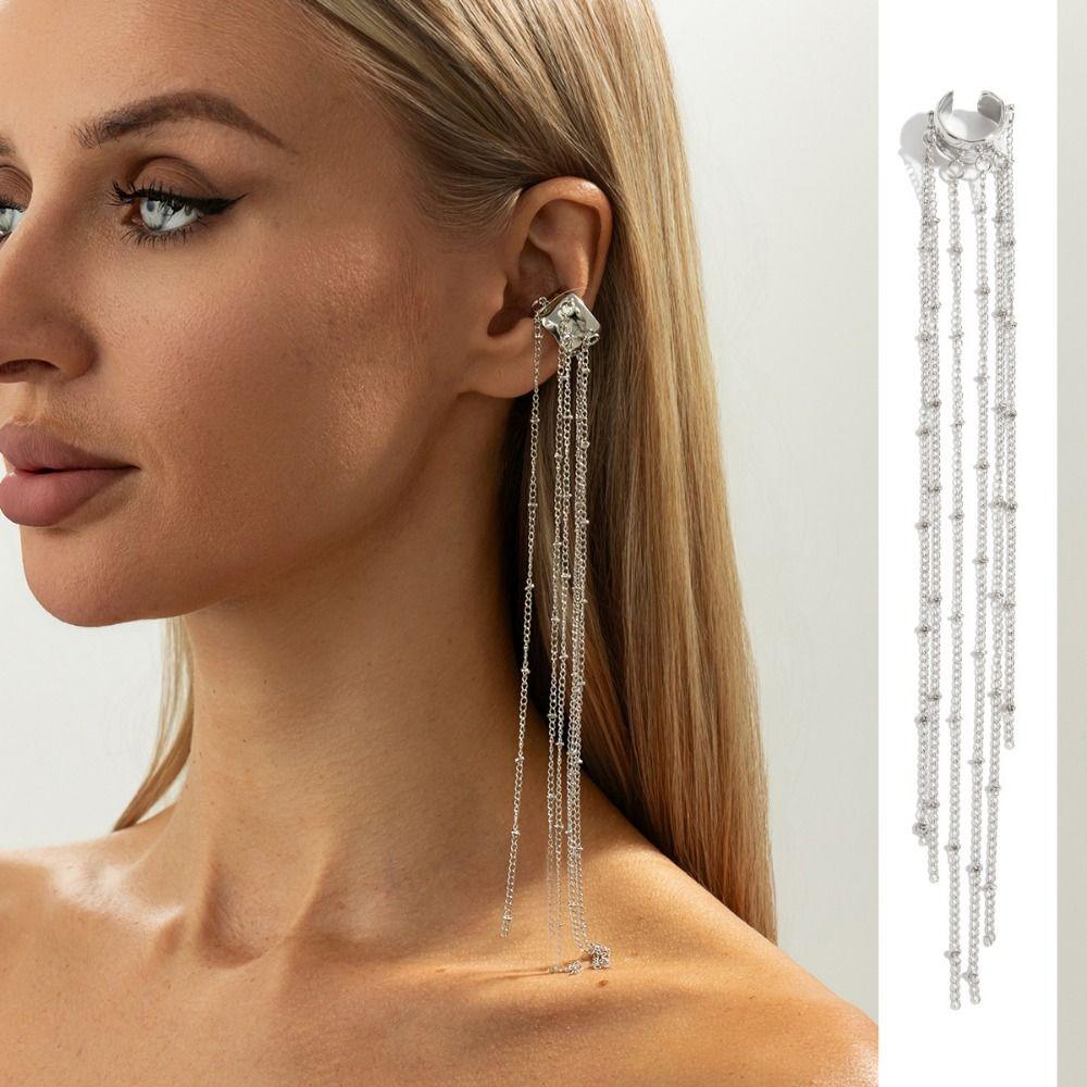 Alloy Copper Chain Long Tassel Earrings Silver Color Gothic Ear Clip Earrings No Piercing Required C-shaped Ear Cuff