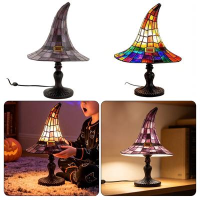 Stained Glass Witch Hat Lamp, USB Powered Resin Night Light, Gothic Halloween Table Lamp for Bedroom Bookshelf Mantel Party Decor