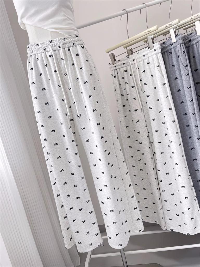 Petite High Waist Wide Leg Bow Print Pants - Spring/Autumn