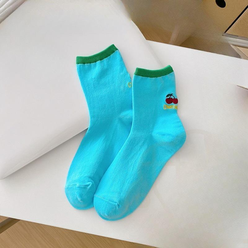 Fruit Embroidery Socks, Women's Mid-calf Socks, Trendy Pure Cotton Japanese-style Cute Sports Student Dopamine Summer Long Socks