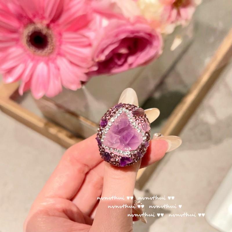 Vintage Floral Ring With Purple Cubic Zirconia 18K Gold Plated Adjustable Open Band Women