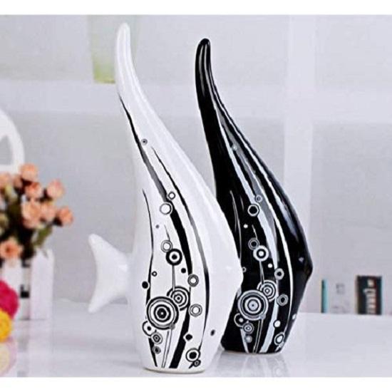 Modern Minimalist Black and White Bubble Fish Art Figure | Beautiful Home Decor- (Set of 2 Pc), Ceramic