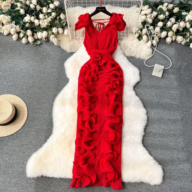 Accessible Luxury Banquet Pleated Three-Dimensional Silm Dress Dress