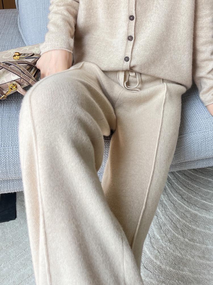 Women's High-Waisted Wide-Leg Knit Pants - Warm, Thick, Casual Floor-Length with Drawstring