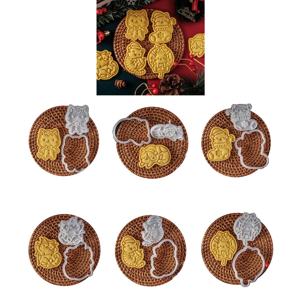 Christmas Cat Cookie Cutters Set Cartoon Pressable Biscuits Mold Plastic Cookie Stamps DIY Baking Tool Easy to Clean