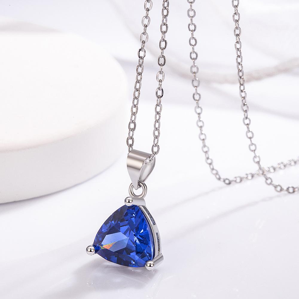 925 Sterling Silver Stylish Compact Blue Triangular Zircon Necklace Earrings Ring Set, Birthday Party Anniversary Set Gift