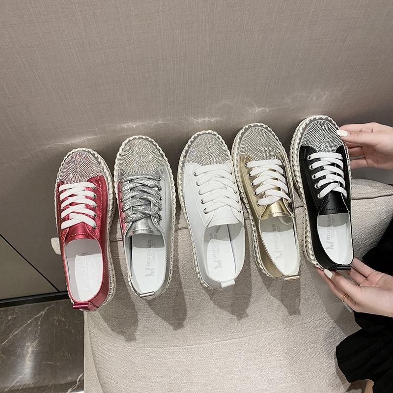Fashion Aphixta 3cm Heels Crystal Lace Up Leather Flats Shoes Women Gold Bling Loafers Shoes Woman Flat With Casual Footwear Size 45