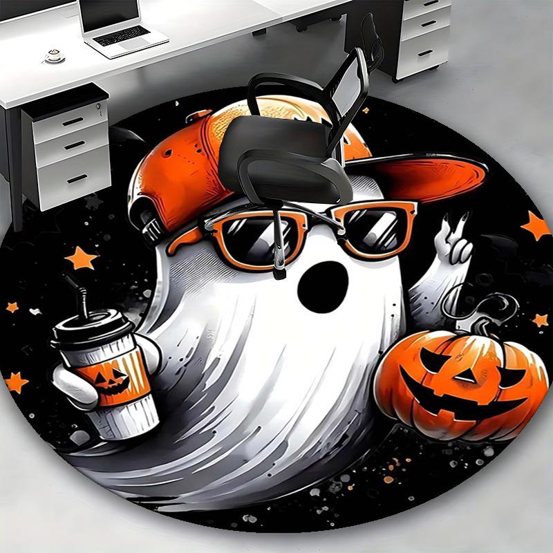 1pc Halloween Ghost with Pumpkin Coffee Cup Round Carpet, Office Chair Mat, Non Slip Rug for Home Decor, Gift, Office, Living Room, Bedroom