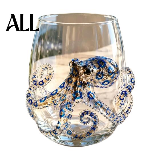 Unique Gift for Ocean Lovers 12oz Octopus Water Cup, Embossed Design, Hand Painted Marine Style Themed Glassware Drinking Home Bar Decor Stemless