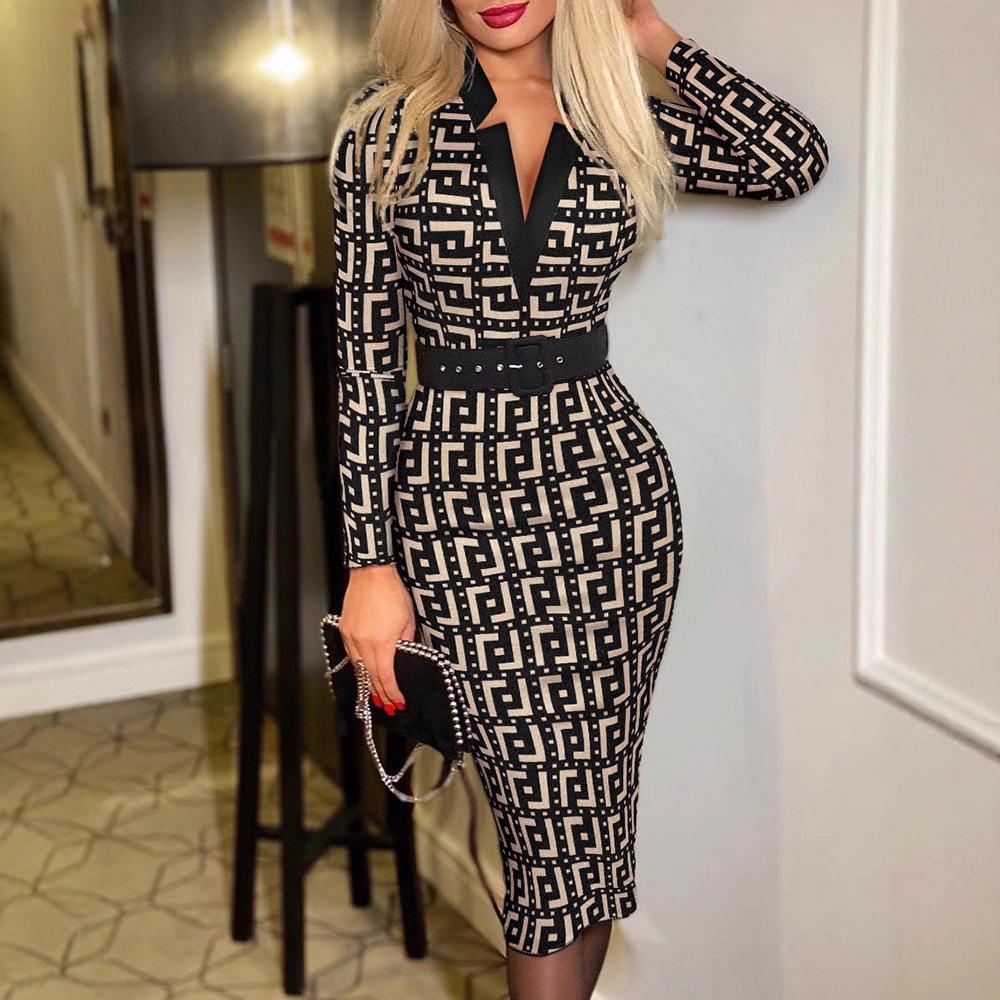 2025 European Autumn/Winter V-Neck Long Sleeve Printed Sexy Dress for Women