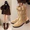 Retro Style Square Head Suede Fringed Strap Thick Heel Medium Boots Women's Autumn 2025 New Sleeve Versatile Fringed Boots