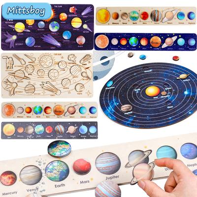 Brinquedo Educativo de Madeira Montessori para Bebês, Quebra-Cabeça de Conhecimento Científico, Sistema Solar do Universo, Jogo de Correspondência dos Oito Planetas