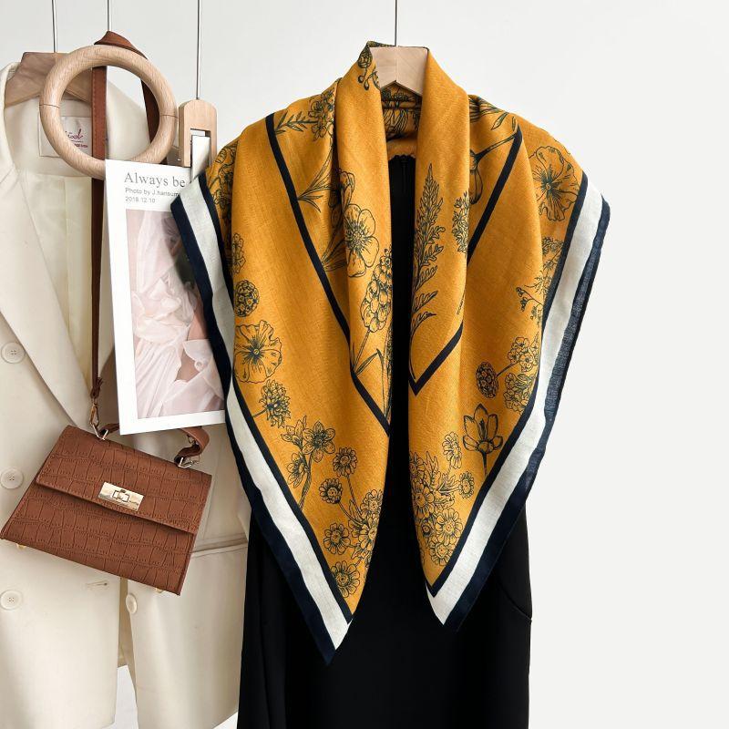 Soft Comfortable Floral Printed Women Square Neck Scarf For Autumn Winter