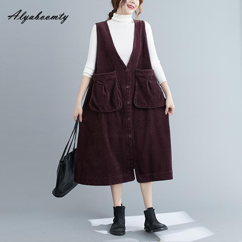 Korean Style Autumn Winter Women Basic Sundress V Neck Brown Purple Oversized Tank Dress Sleeveless Corduroy Basic Baggy Midi Dress
