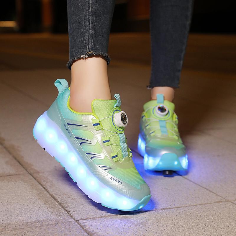 Kid's Roller Skates Removable Flat Charging LED Four Wheels Glowing Sports Shoes Pink Women's Glowing Sneakers